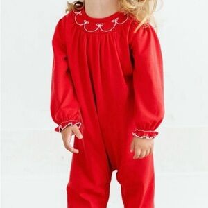 TBBC Long Sleeve Bridget Romper Red w/ White Bow Smocking